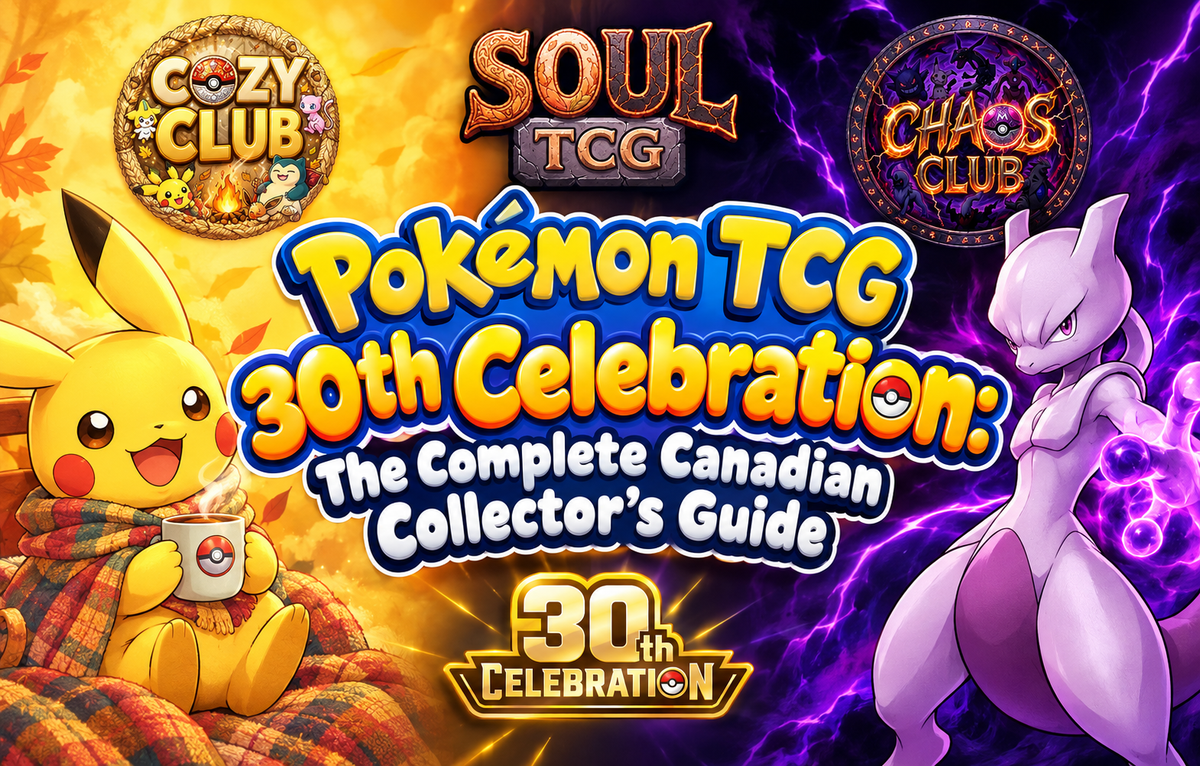 Pokémon TCG 30th Celebration Canadian collector’s guide banner featuring the Soul TCG logo, official 30th Celebration logo, cozy Pikachu scene with Cozy Club branding on the left, and Mewtwo with Chaos Club branding on the right.